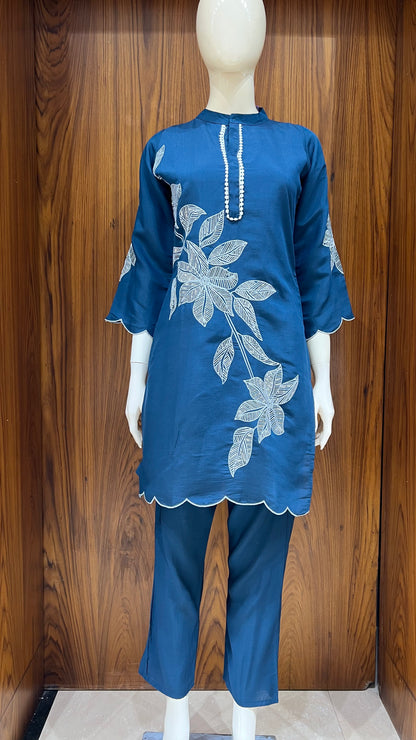 Teal Blue Embroidered Co-ord Set with Scalloped Hem and Leaf Motifs