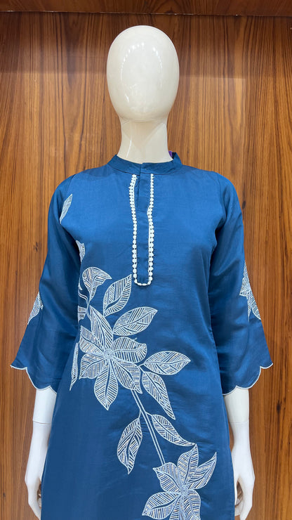 Teal Blue Embroidered Co-ord Set with Scalloped Hem and Leaf Motifs