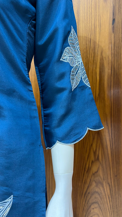 Teal Blue Embroidered Co-ord Set with Scalloped Hem and Leaf Motifs