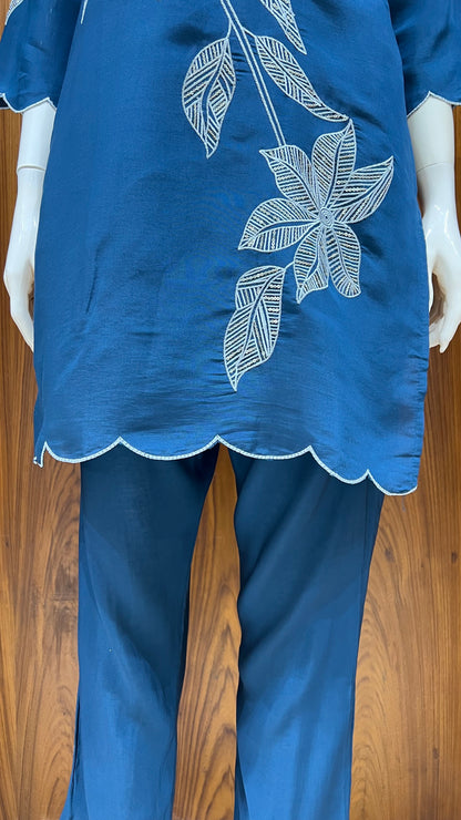 Teal Blue Embroidered Co-ord Set with Scalloped Hem and Leaf Motifs