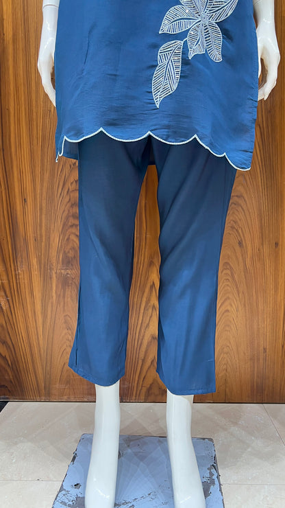 Teal Blue Embroidered Co-ord Set with Scalloped Hem and Leaf Motifs