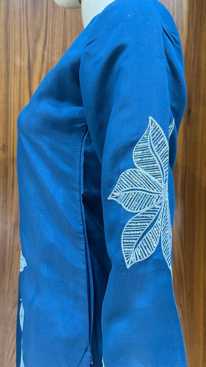 Teal Blue Embroidered Co-ord Set with Scalloped Hem and Leaf Motifs