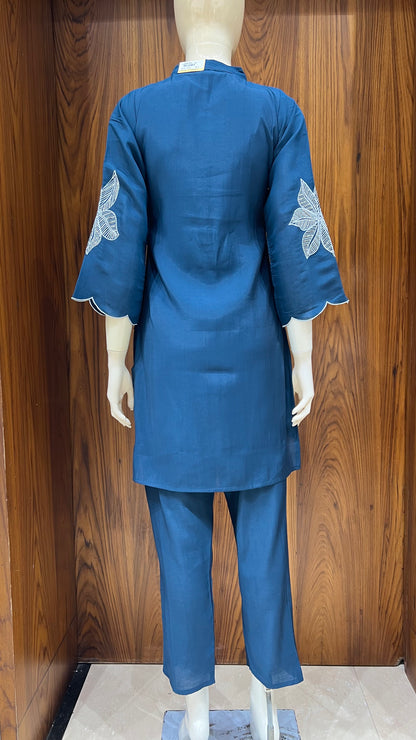 Teal Blue Embroidered Co-ord Set with Scalloped Hem and Leaf Motifs