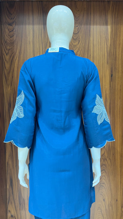 Teal Blue Embroidered Co-ord Set with Scalloped Hem and Leaf Motifs