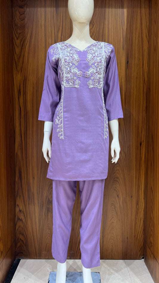 "Lavender Bloom" - Artistically Embroidered Silk Co-ord Set