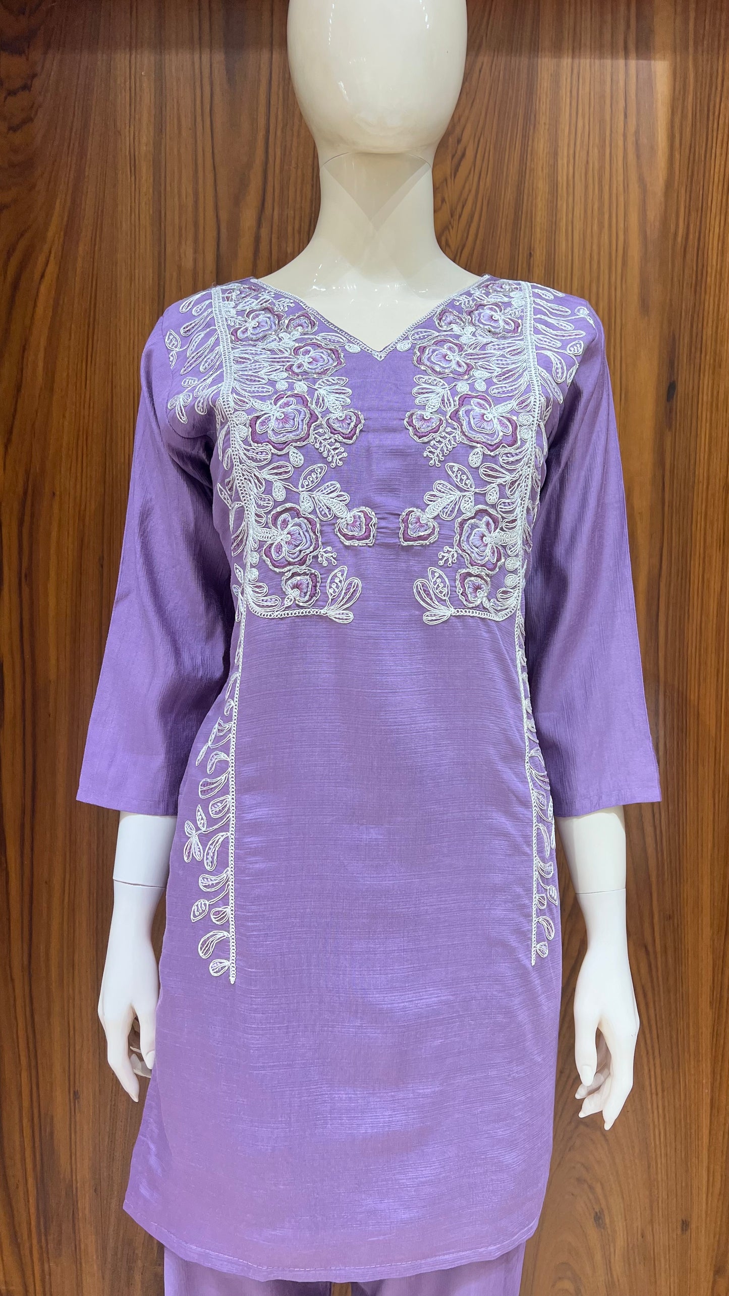 "Lavender Bloom" - Artistically Embroidered Silk Co-ord Set