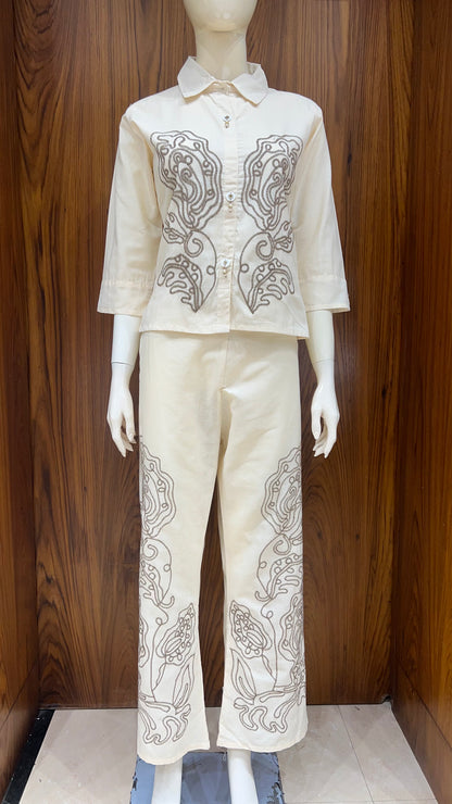 "Earthen Scrolls" - Abstract Embroidered Linen Co-ord Set
