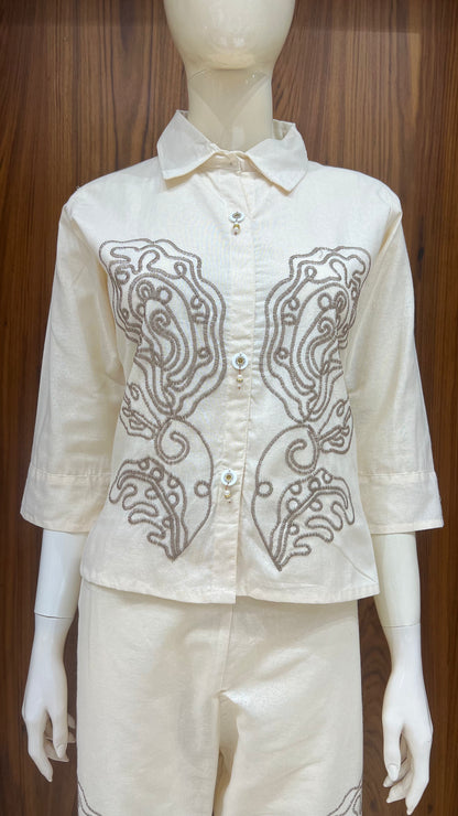 "Earthen Scrolls" - Abstract Embroidered Linen Co-ord Set