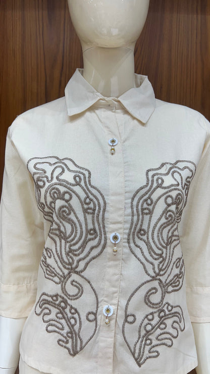 "Earthen Scrolls" - Abstract Embroidered Linen Co-ord Set