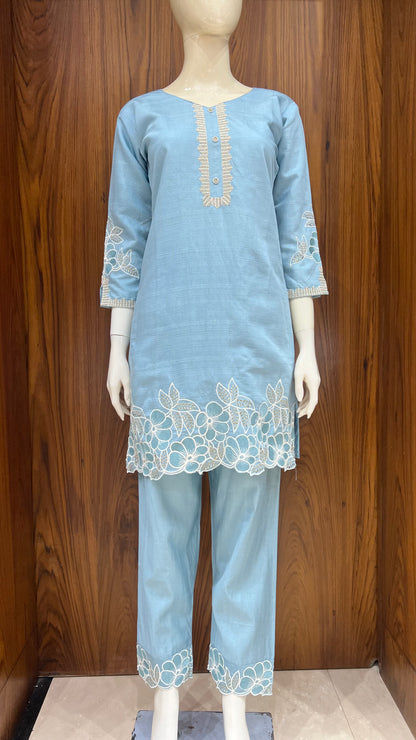 "Serene Sky" - Floral Cutwork Co-ord Set