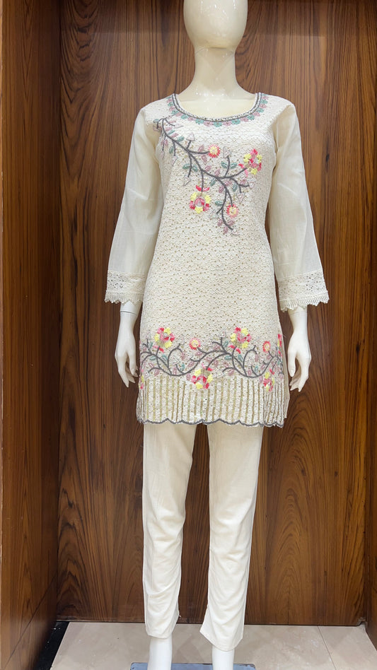 "Ivory Garden" - Floral Embroidered Schiffli Cord Set