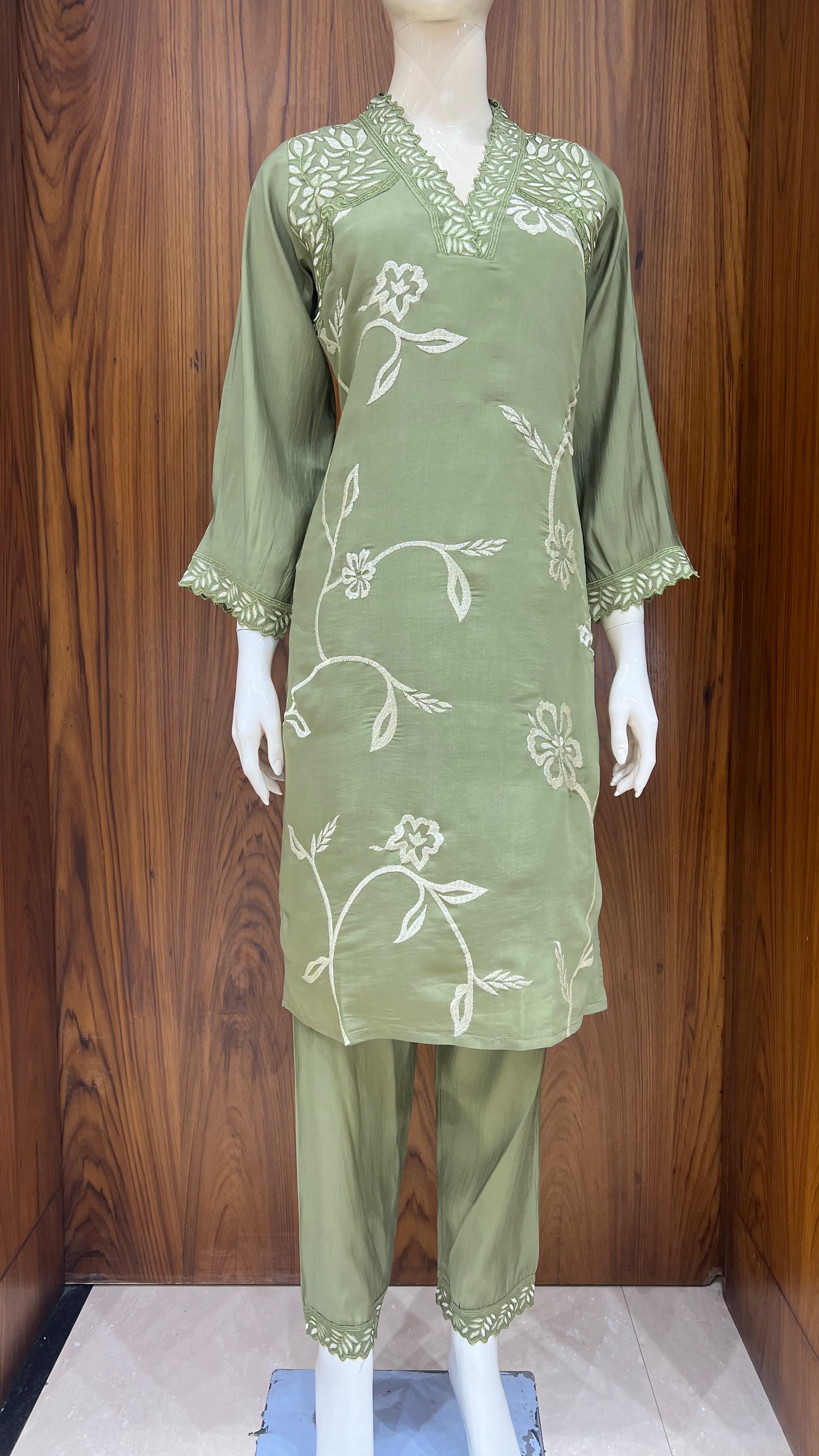 "Olive Grove" - Floral Vine Embroidered Kurta Set