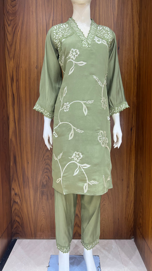 "Olive Grove" - Floral Vine Embroidered Kurta Set