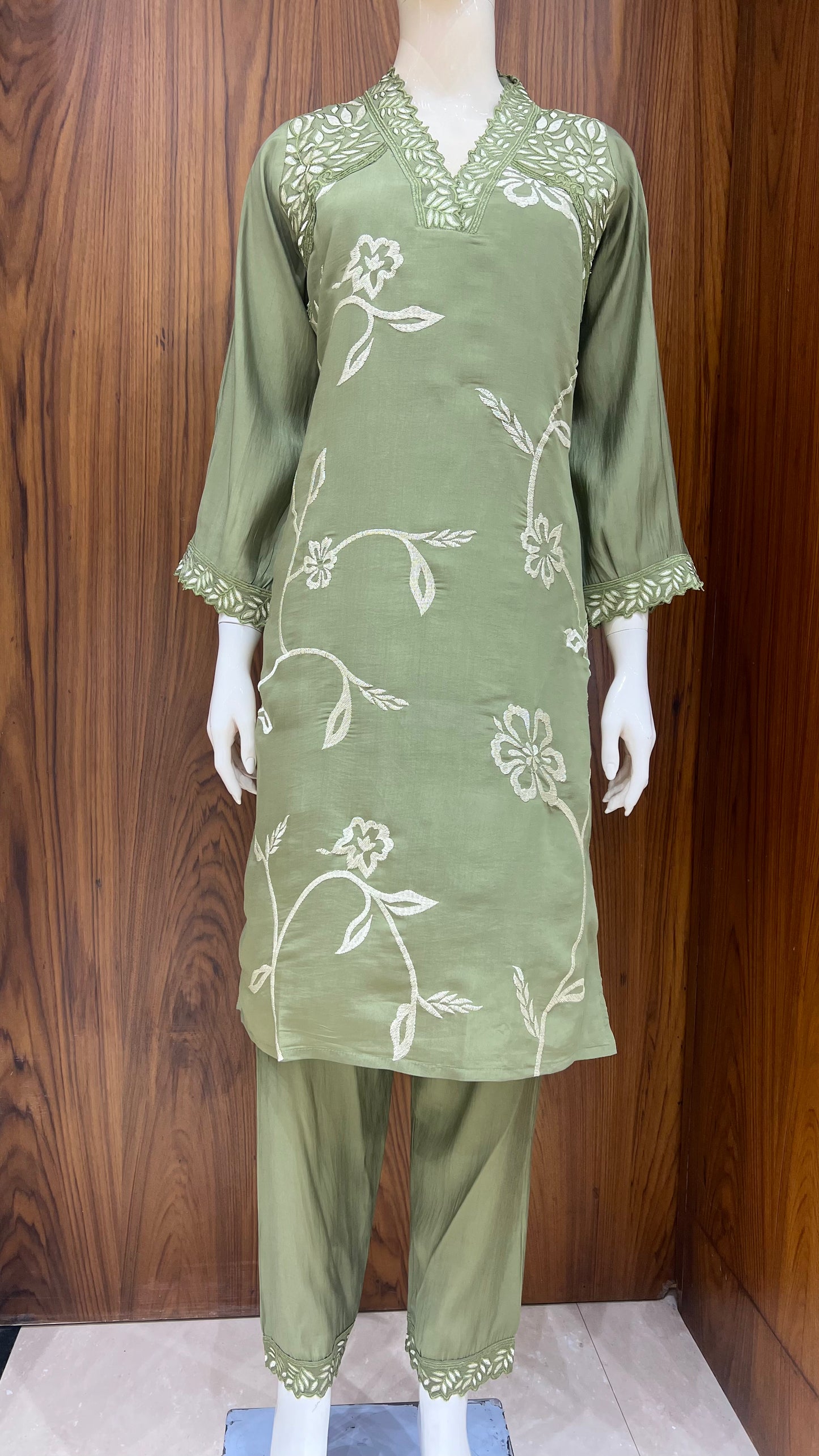 "Olive Grove" - Floral Vine Embroidered Kurta Set