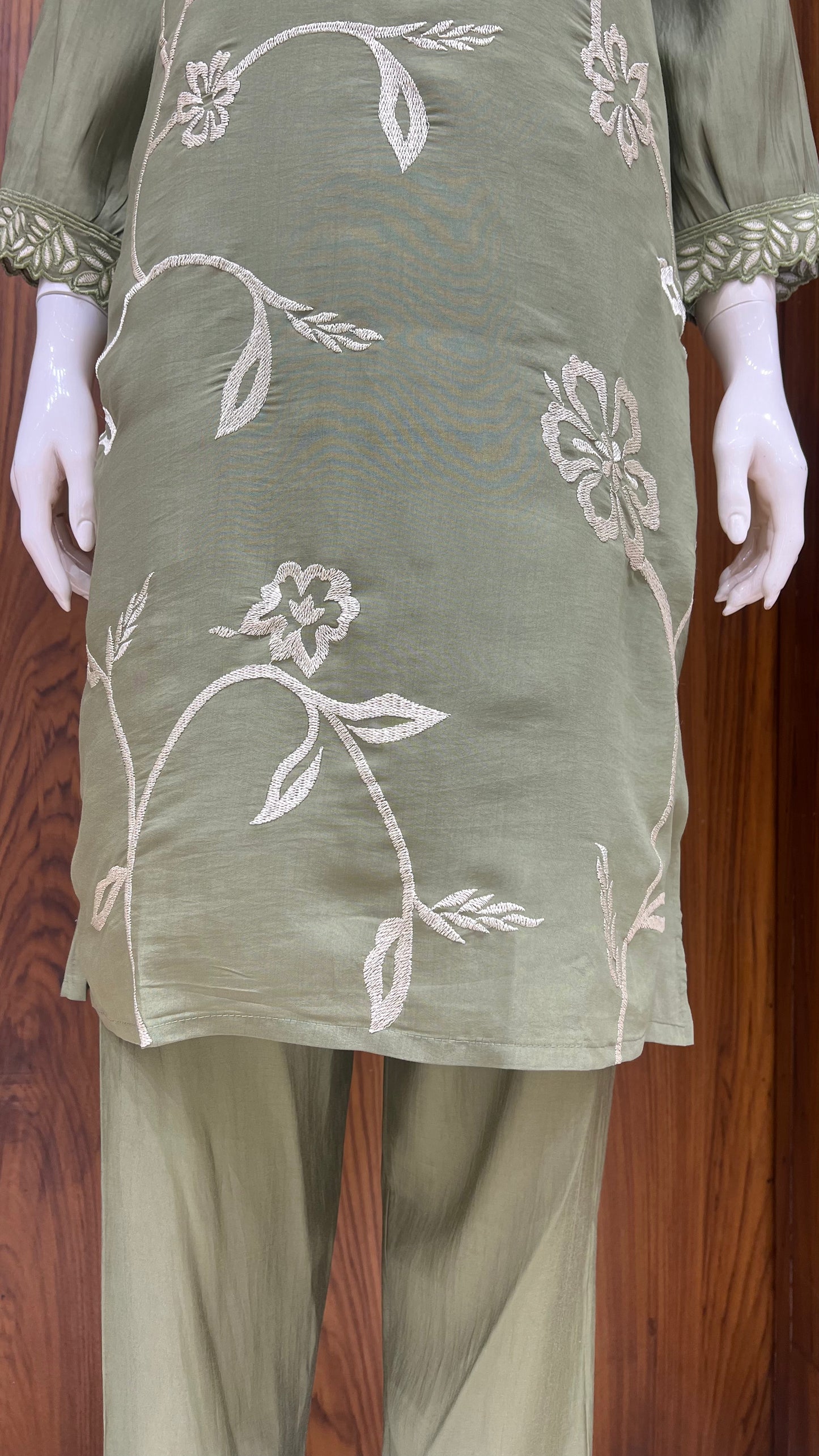 "Olive Grove" - Floral Vine Embroidered Kurta Set