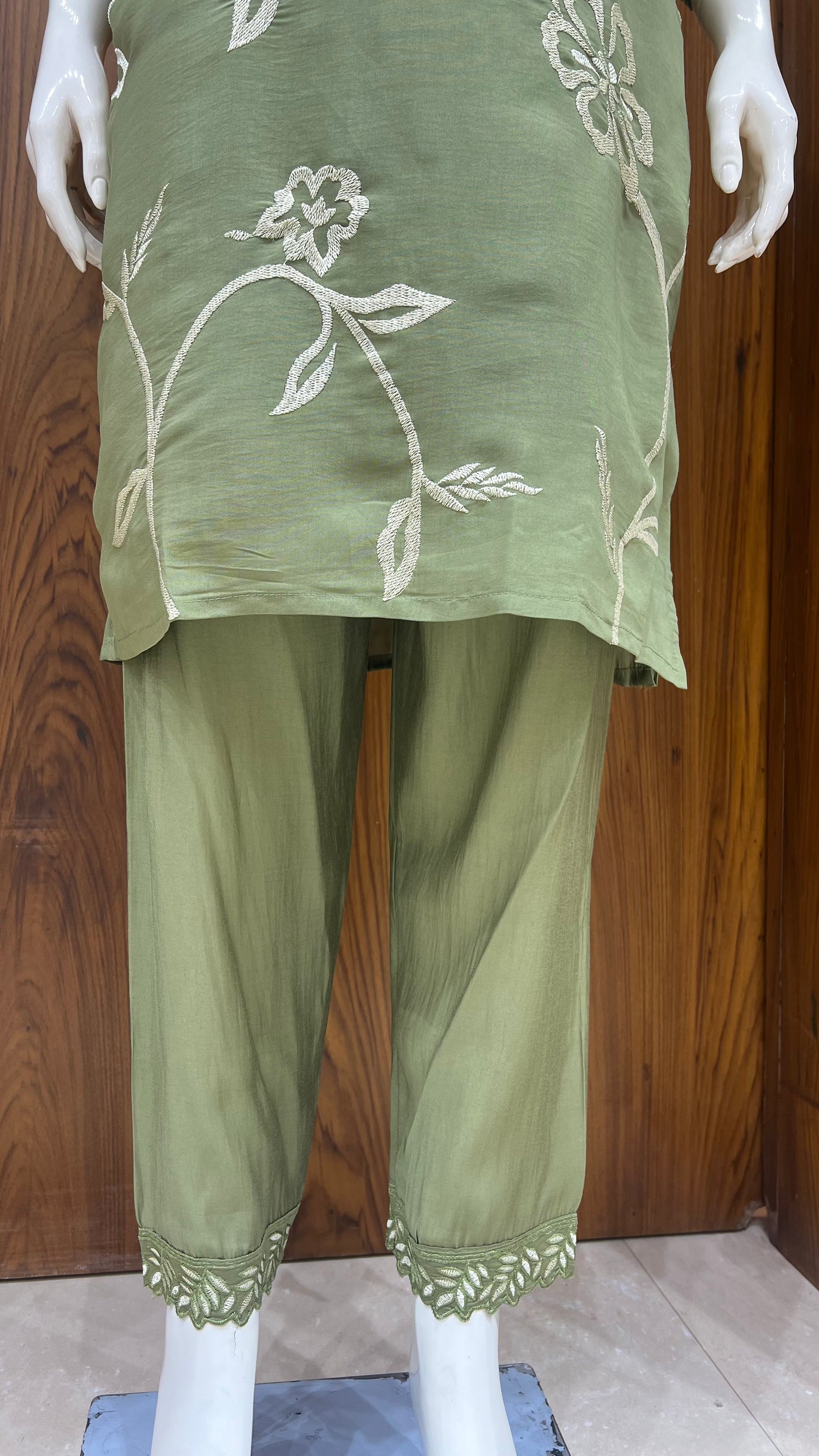 "Olive Grove" - Floral Vine Embroidered Kurta Set