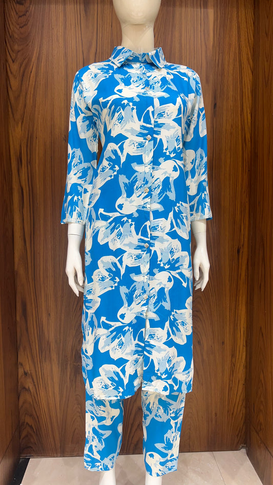 "Azure Brushstrokes" - Printed Long kurti