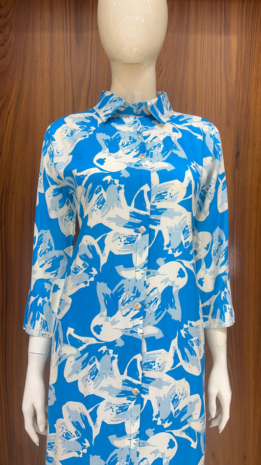 "Azure Brushstrokes" - Printed Long kurti