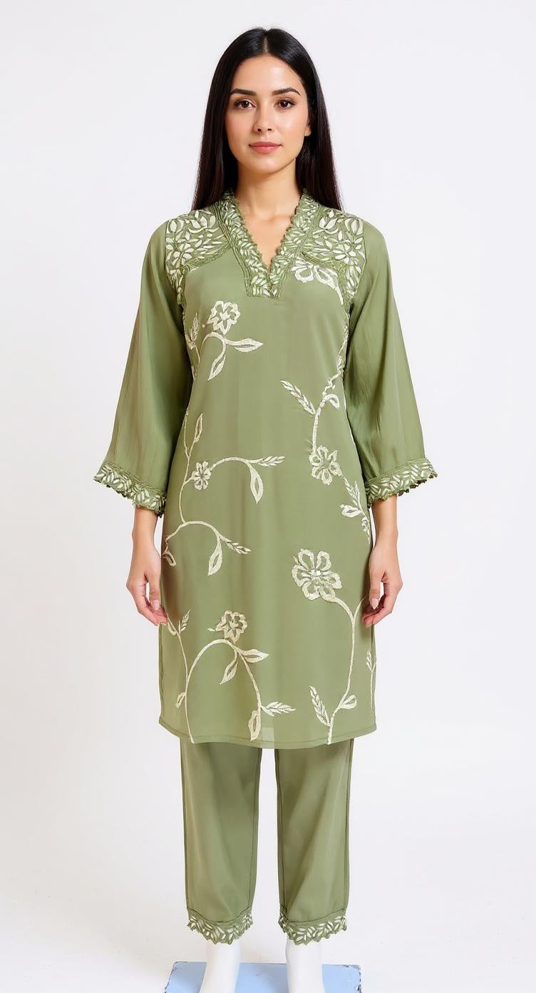 "Olive Grove" - Floral Vine Embroidered Kurta Set