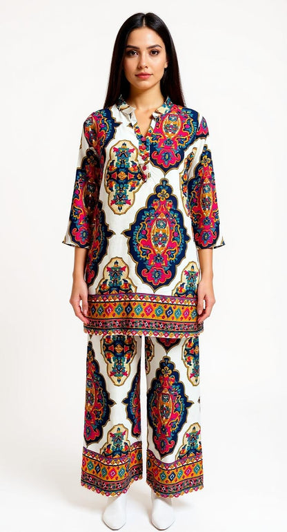 Ivory Multi-Colored Mughal Motif Co-ord Set with Border Detailing