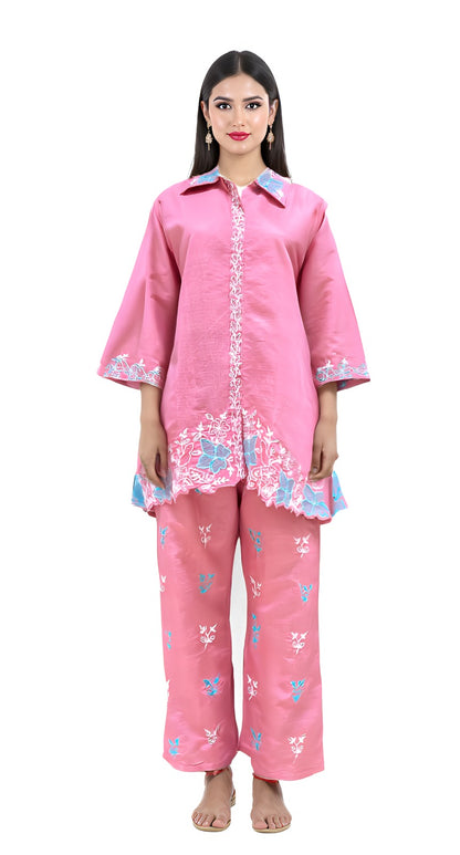 Pink Floral Embroidered Co-ord Set with Contrast Collar Detailing